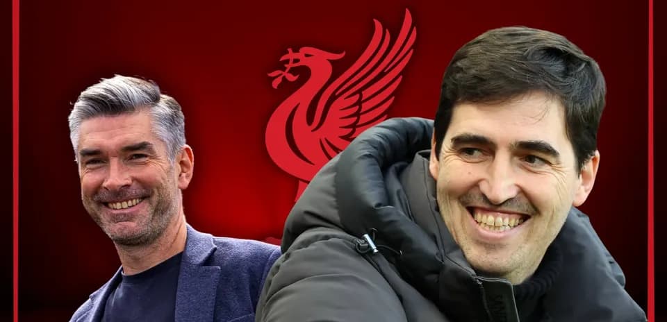 Two football managers smiling with Liverpool logo background
