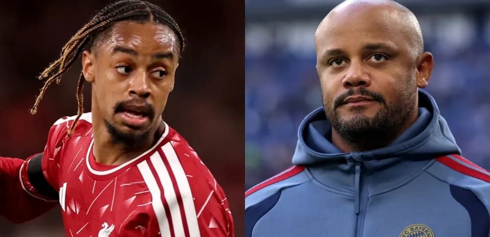 Football player in red kit and coach in gray hoodie
