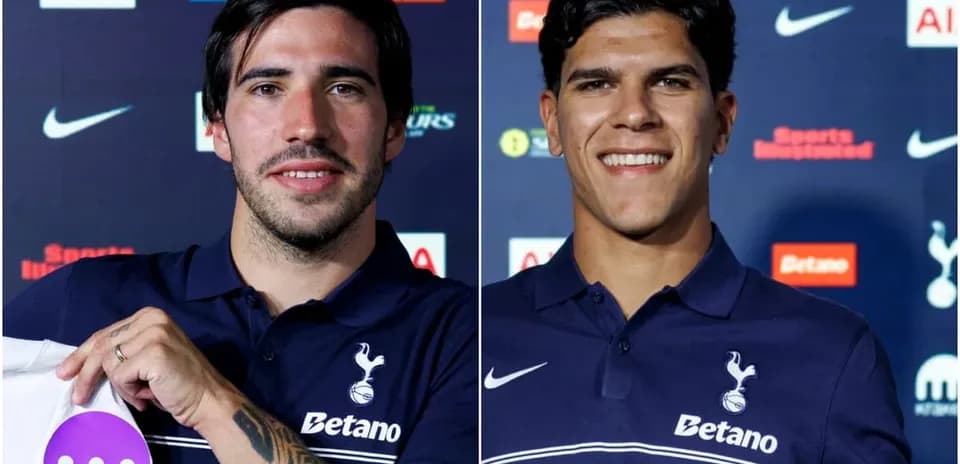 Two players presenting shirts at Tottenham press event
