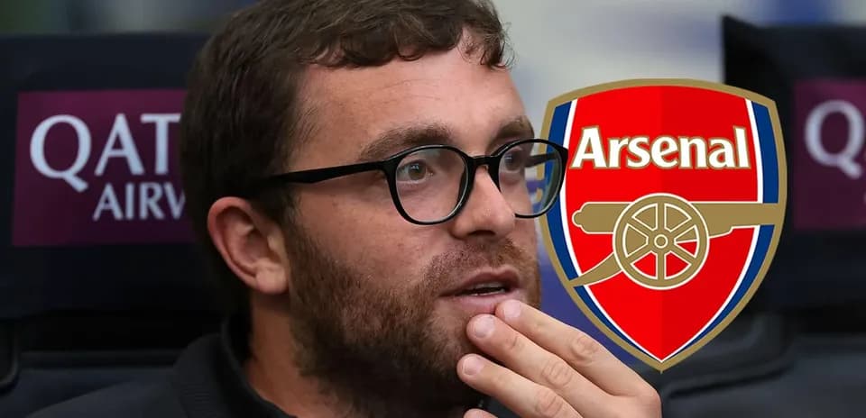 Person with glasses thinking in front of Arsenal logo