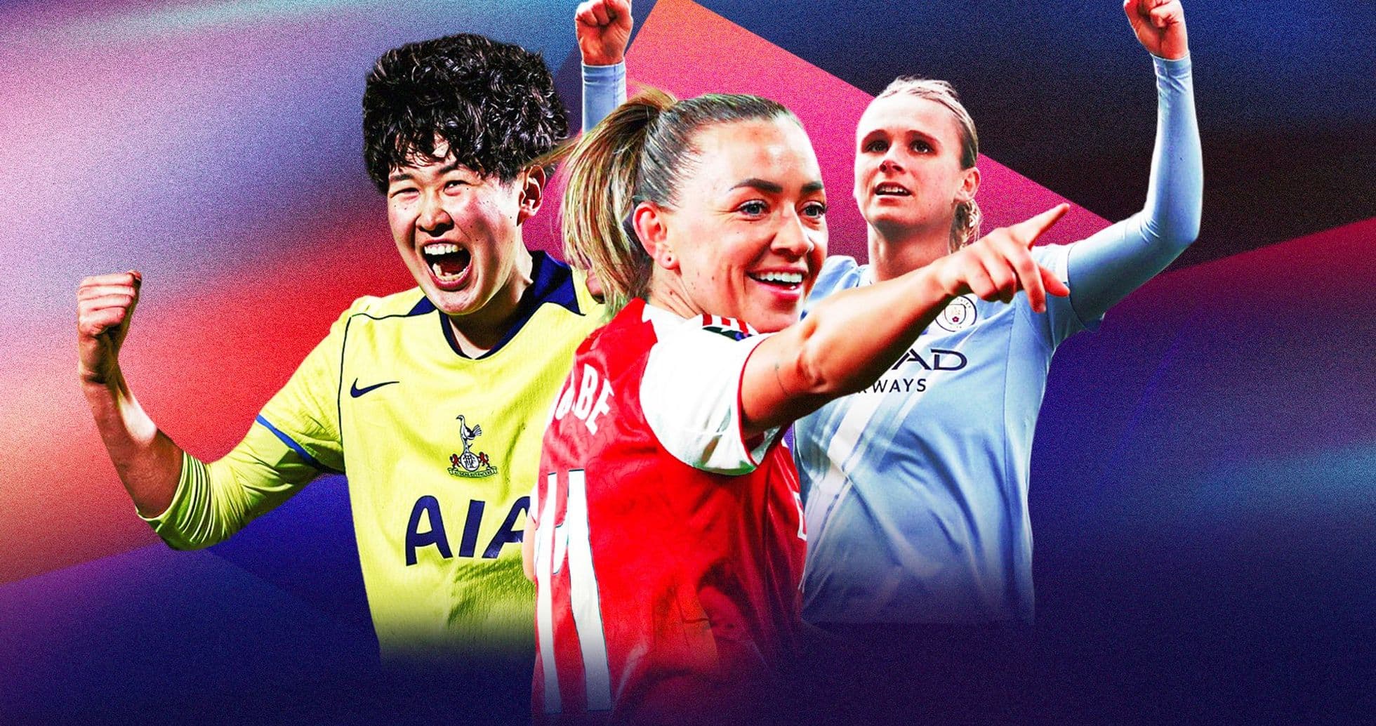 Three female football players celebrating in action