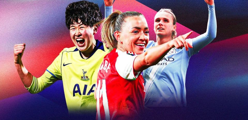 Three female football players celebrating in action