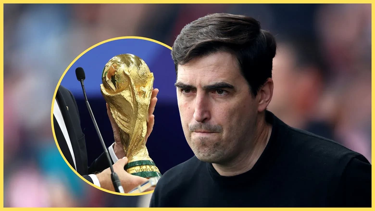 Coach looking at World Cup trophy during event