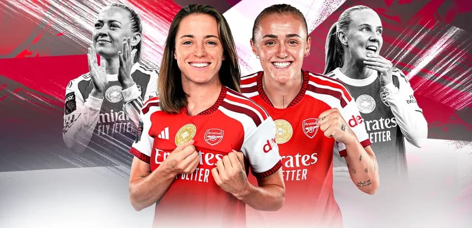 Two Arsenal players posing in team jerseys