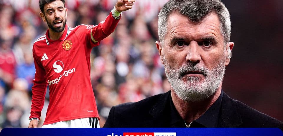 Bruno Fernandes gesturing during match, Roy Keane in foreground
