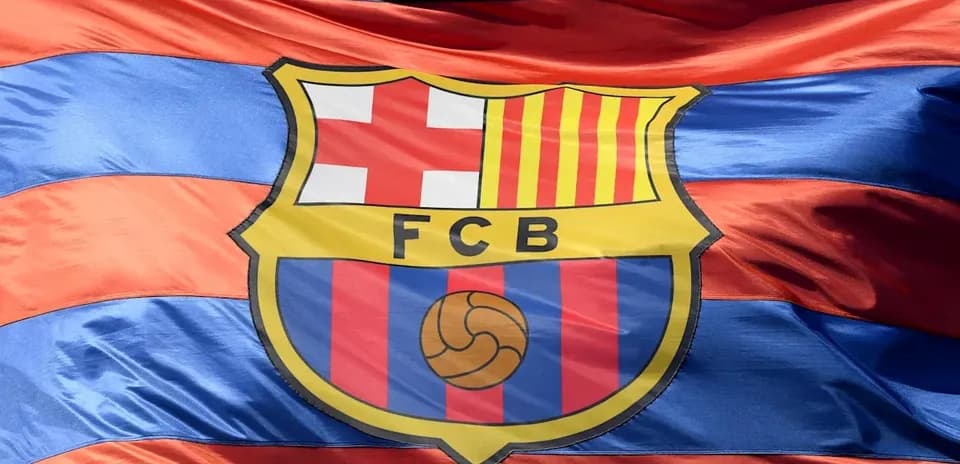 FC Barcelona logo on striped flag background