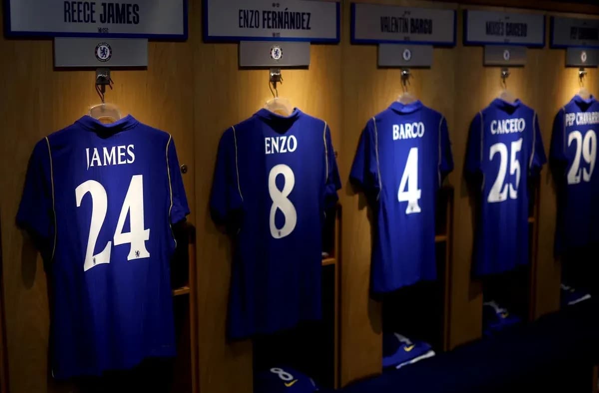 Chelsea jerseys hanging in locker room