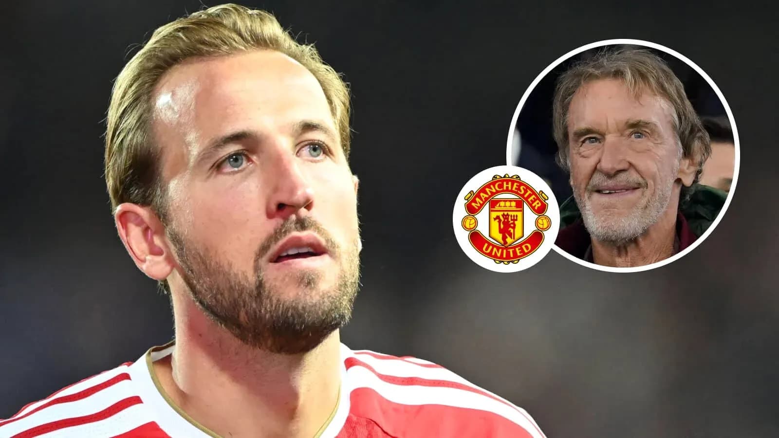 Harry Kane looking thoughtful with Manchester United logo