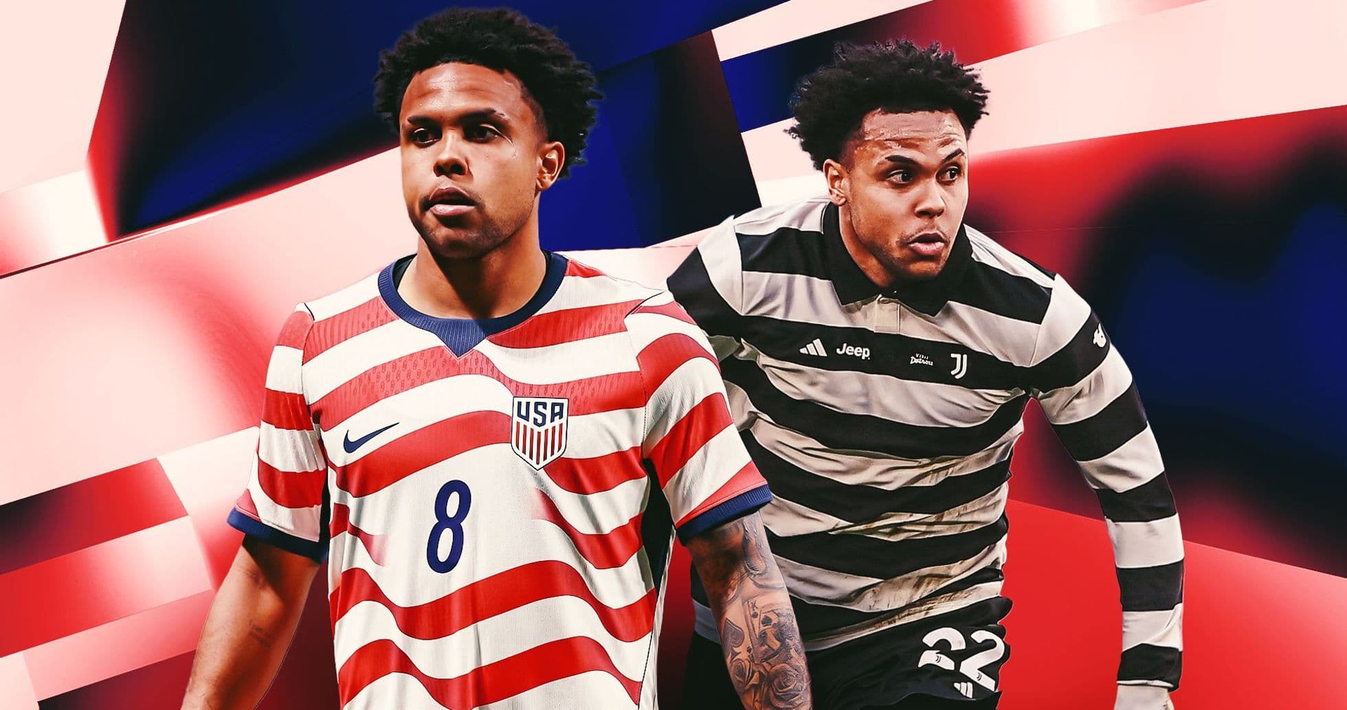 Player in USA jersey and Juventus kit side by side
