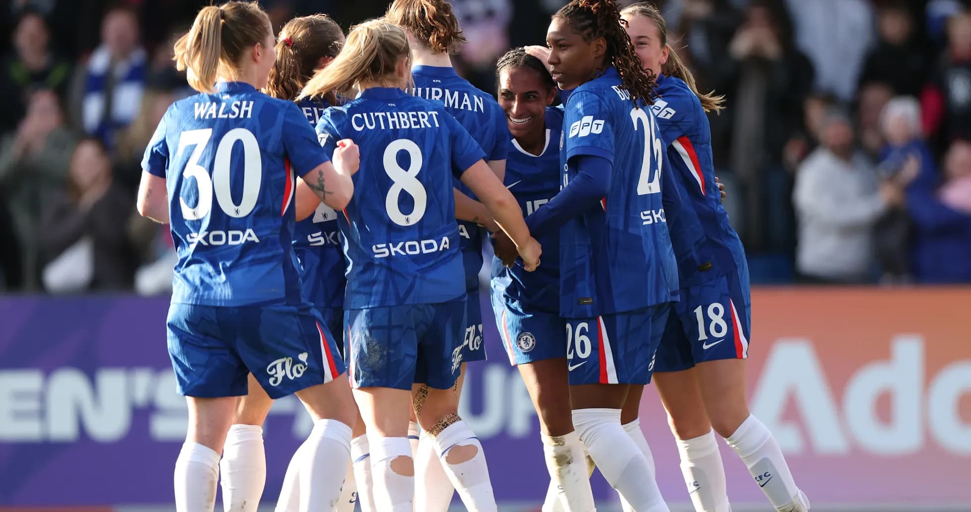 Chelsea women celebrating a goal during match