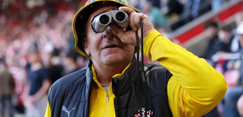 Fan wearing binoculars and team apparel at stadium