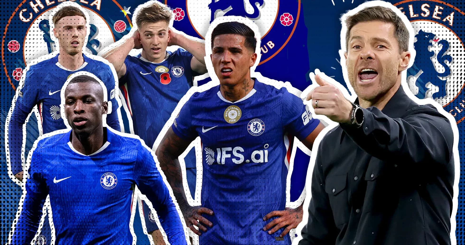 Chelsea players and coach in blue kits with logo