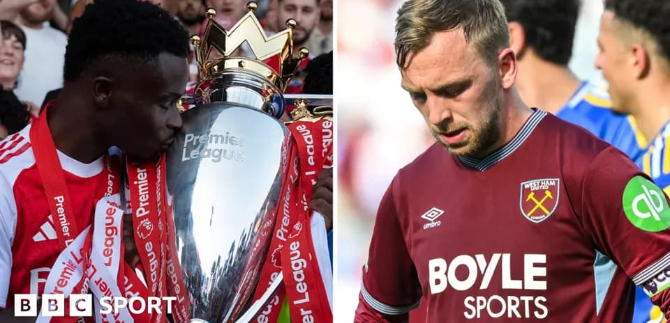 Player celebrating with Premier League trophy, another player looking disappointed
