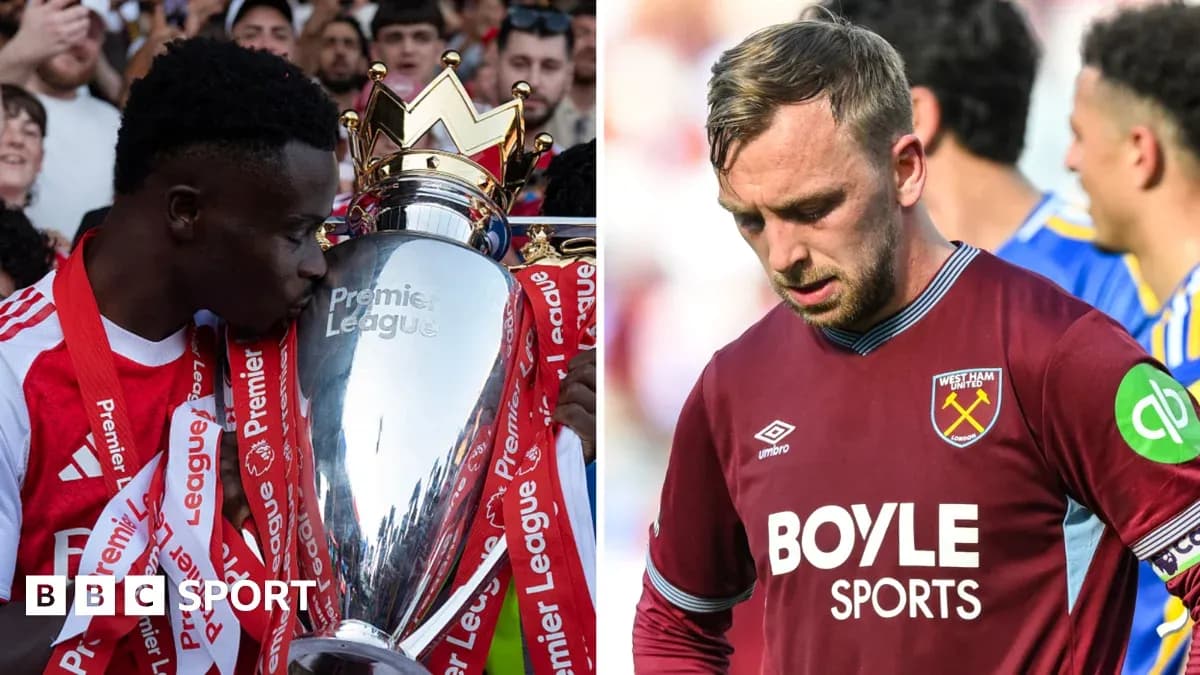 Player celebrating with Premier League trophy, another player looking disappointed