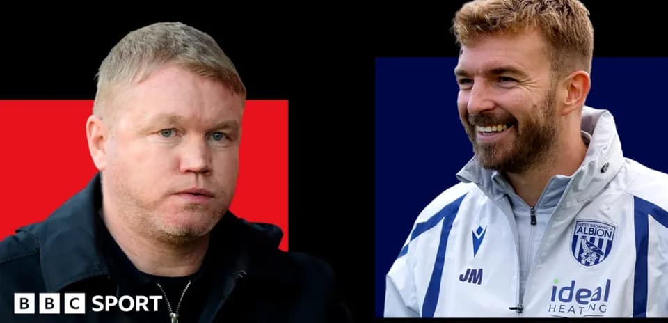 Two football coaches in contrasting poses and backgrounds