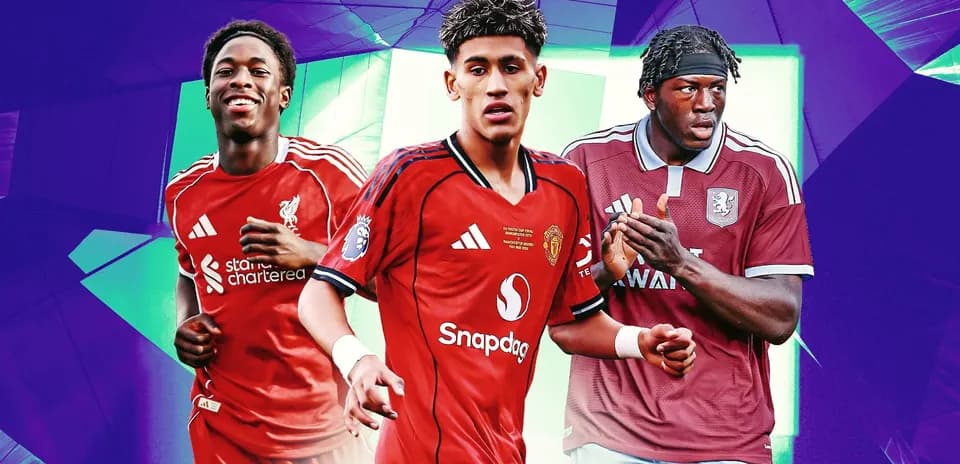 Three football players in team jerseys posing together