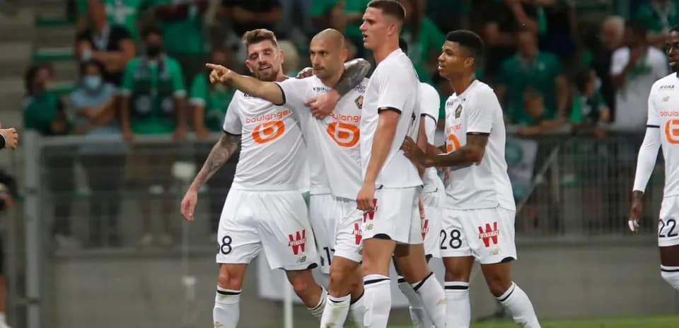 Lille players celebrating a goal during match