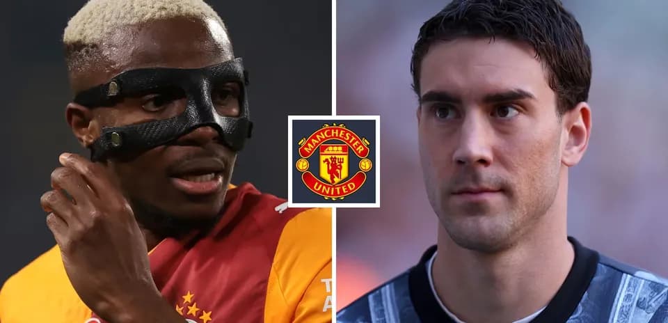 Two football players with Manchester United logo overlay