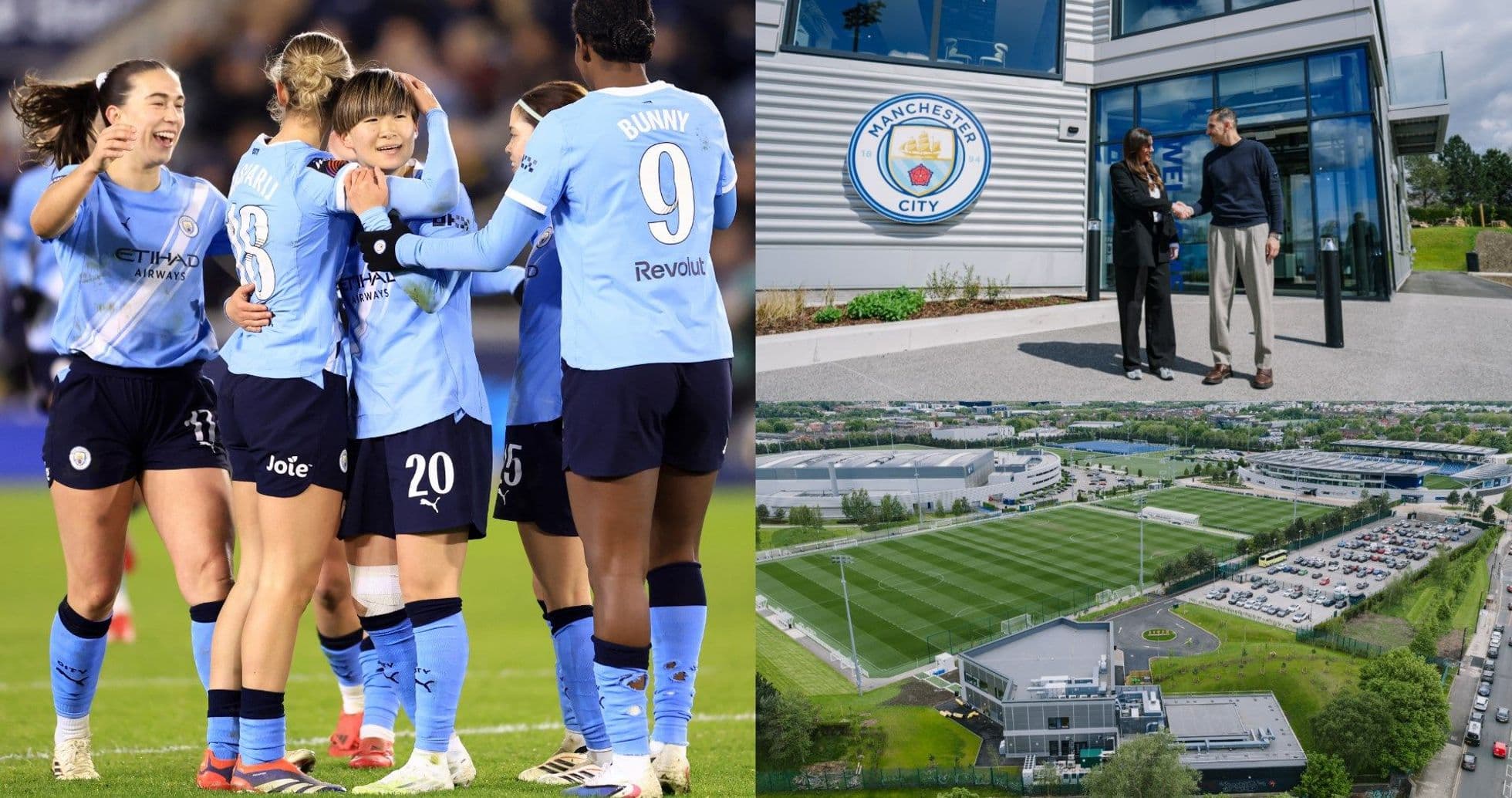 Manchester City women celebrating a goal and training facility