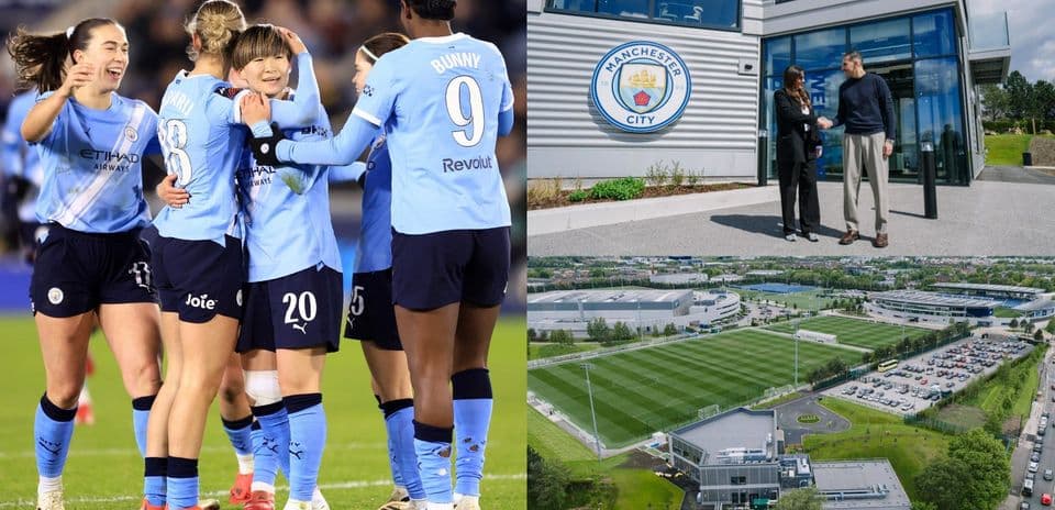 Manchester City women celebrating a goal and training facility