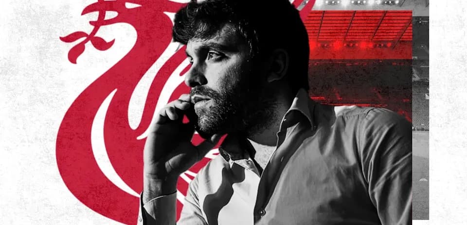 Person talking on phone with Liverpool logo background