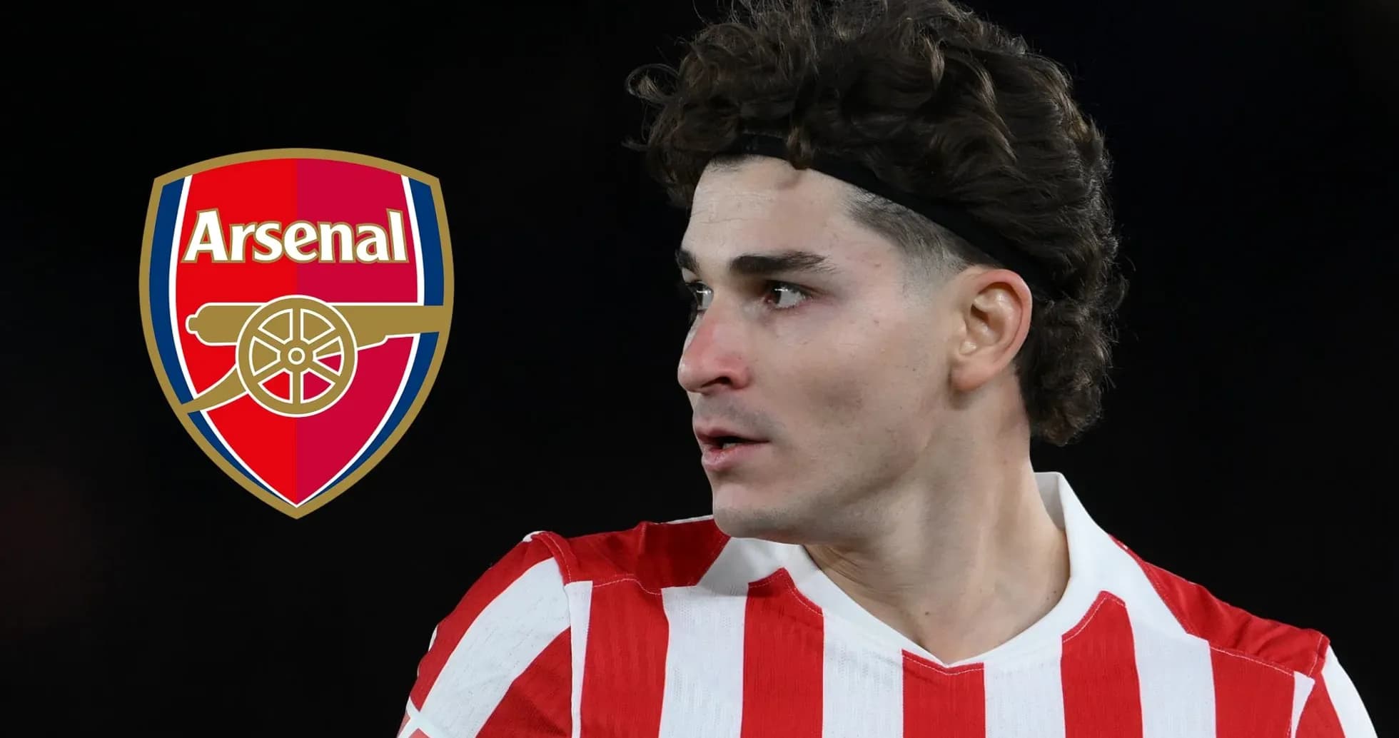 Player in red and white stripes near Arsenal logo