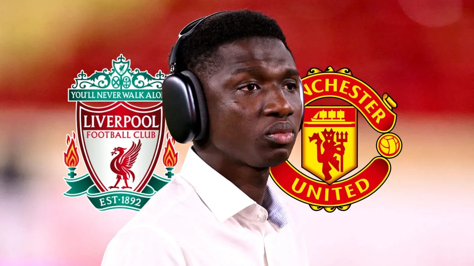 Player wearing headphones with club logos in background