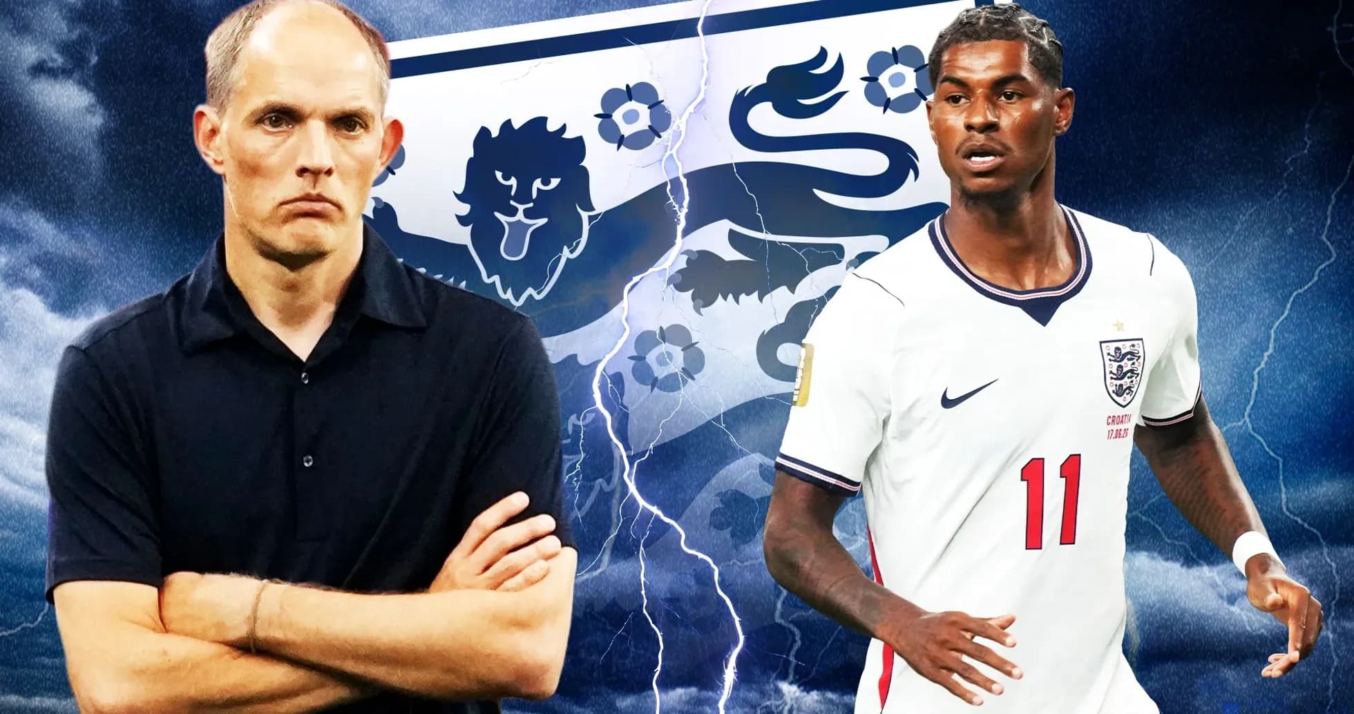 Coach and player in front of England football emblem
