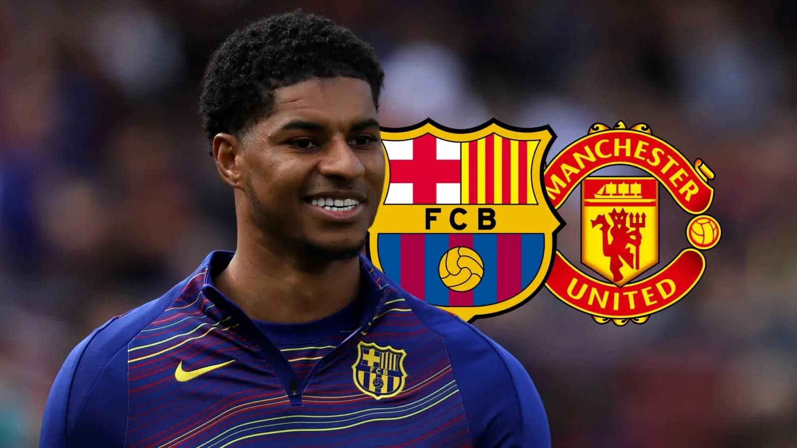 Player smiling in Barcelona kit with club logos