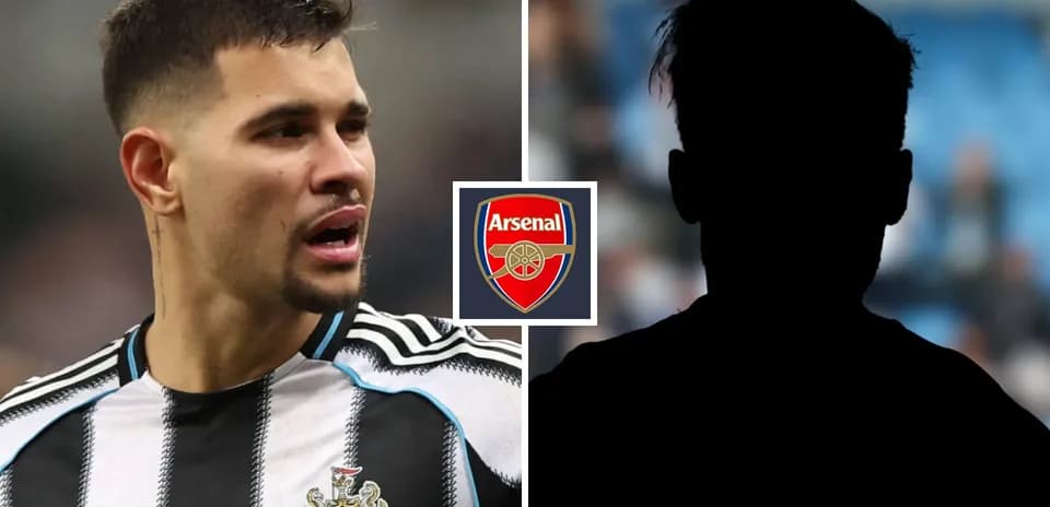 Player in Newcastle kit beside Arsenal logo