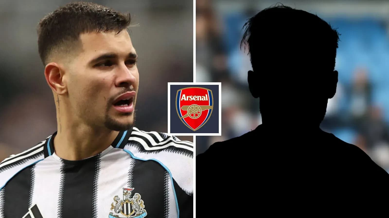 Player in Newcastle kit beside Arsenal logo