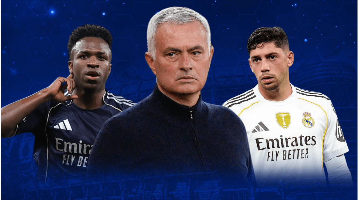 Vinicius Jr., Jose Mourinho, and Federico Valverde in focus