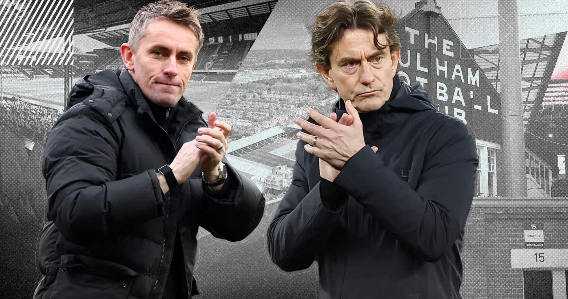 Two football managers clapping during a match