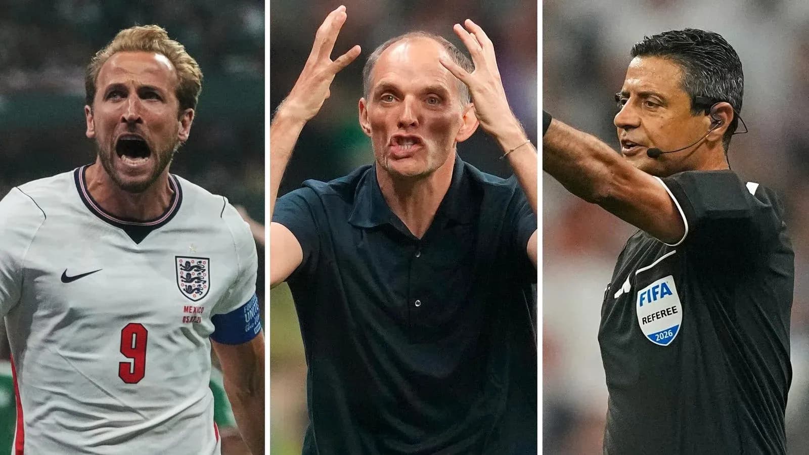 Harry Kane celebrating, Thomas Tuchel gesturing, referee signaling