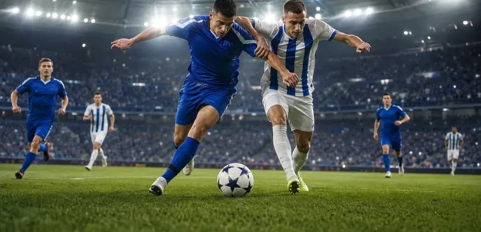 Two players competing for the ball in Champions League