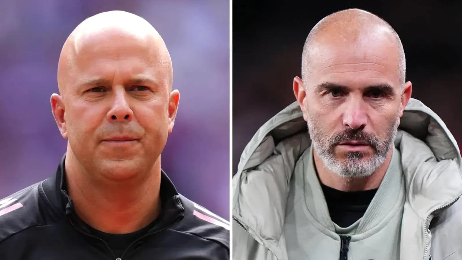 Two coaches posing for a split portrait