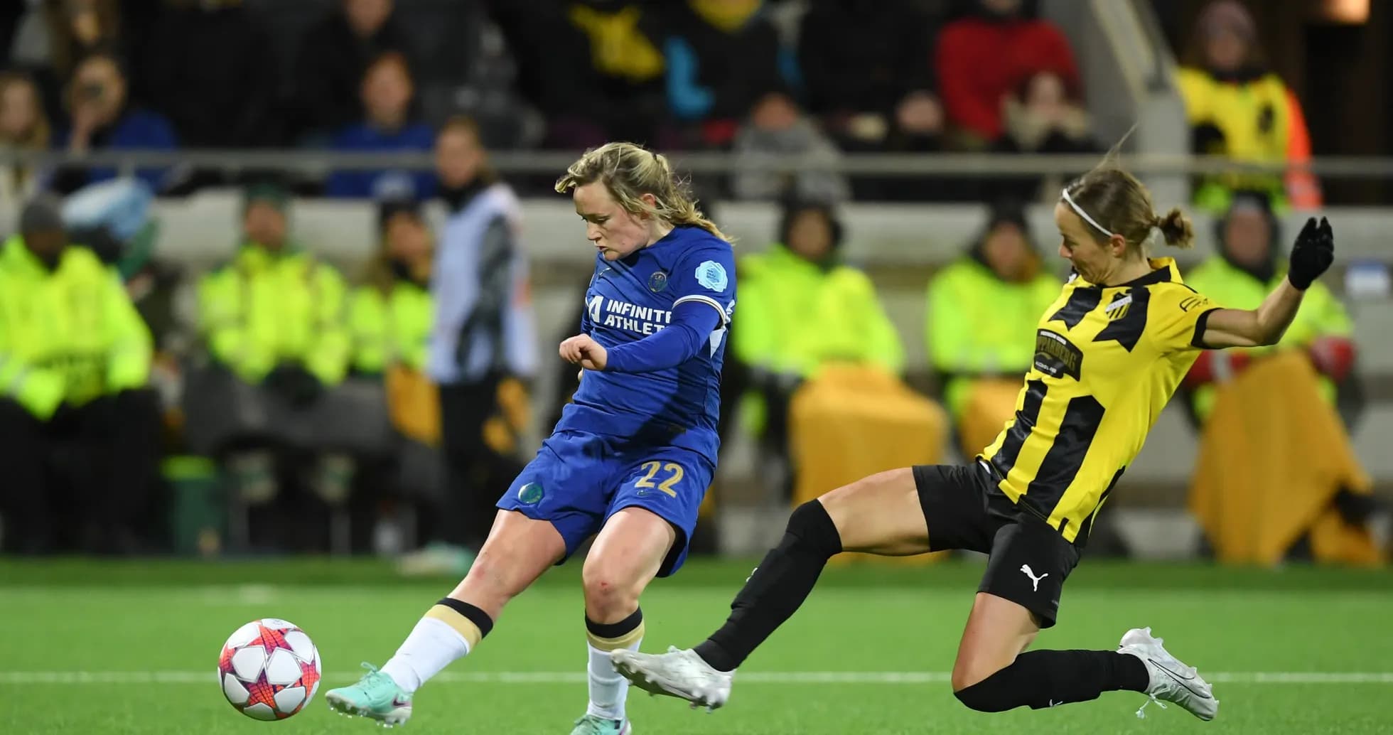 Player tackling during Häcken W vs Chelsea W match