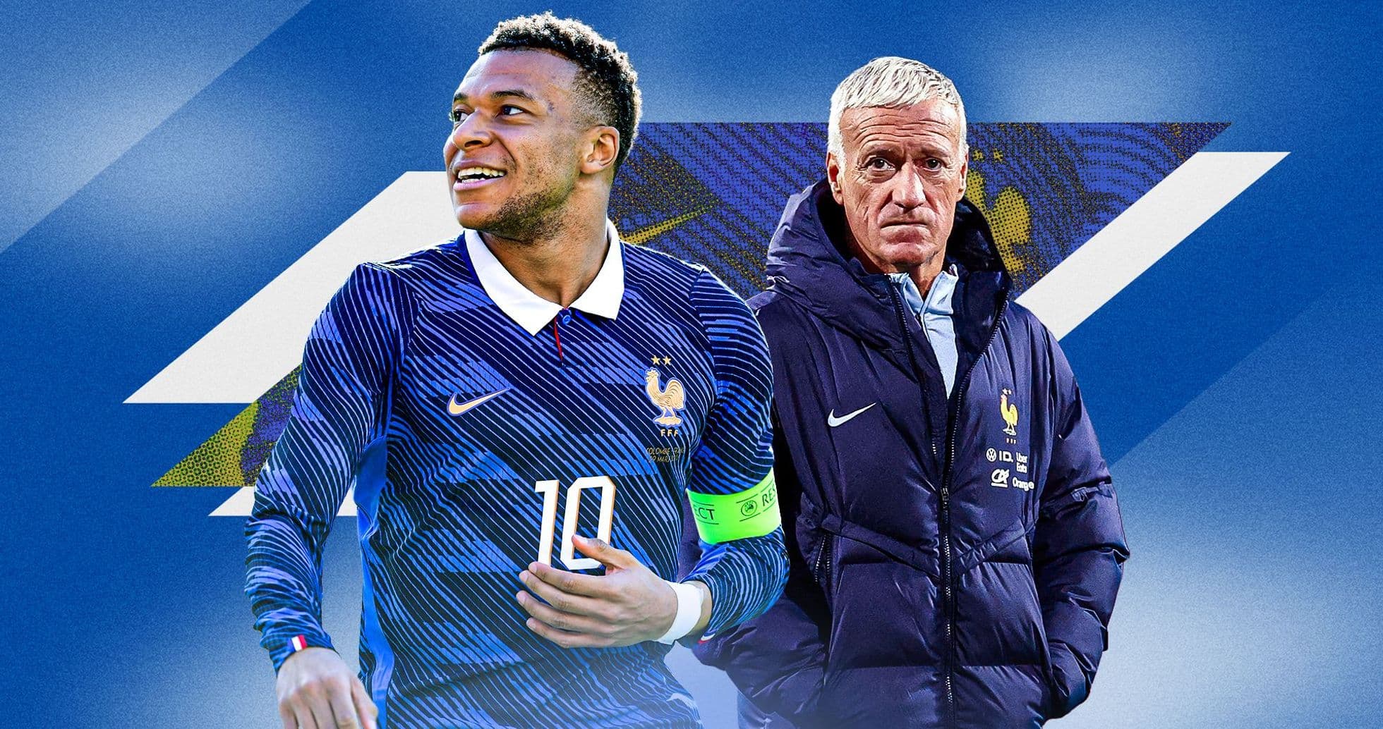 Kylian Mbappé and Didier Deschamps with France background