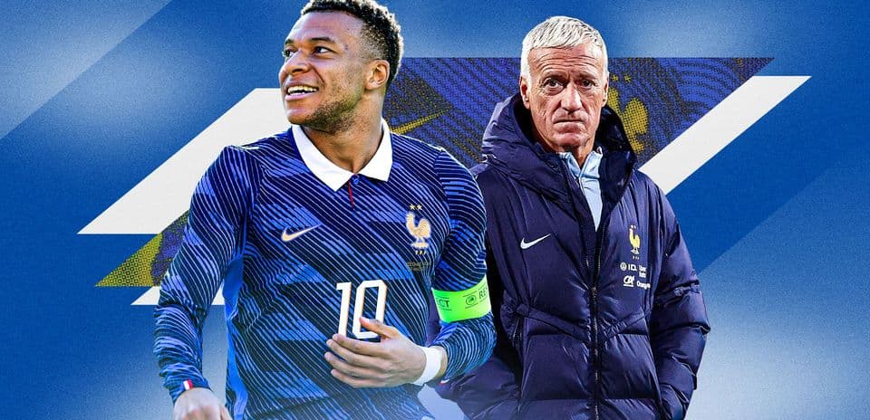 Kylian Mbappé and Didier Deschamps with France background