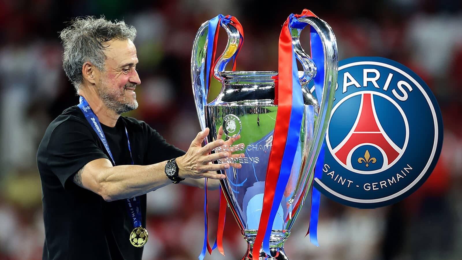 Coach celebrating with Champions League trophy and medal