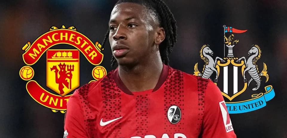 Player in red jersey with Manchester United and Newcastle logos