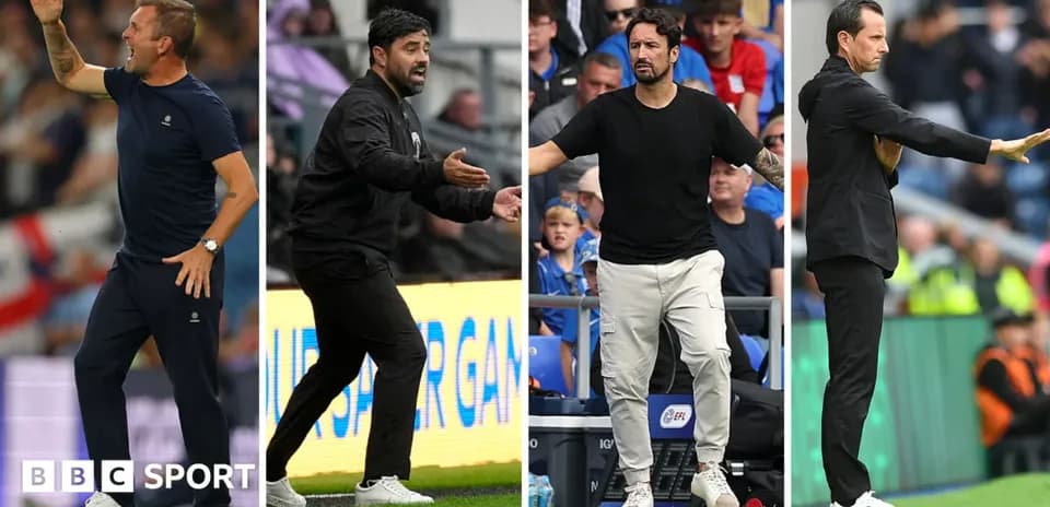 Four football managers giving instructions during matches
