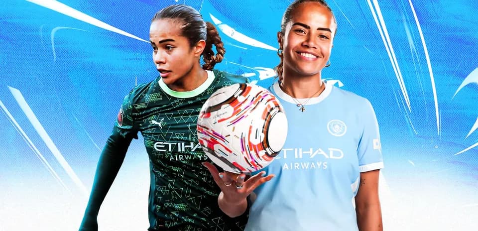 Two female soccer players in different kits holding a ball