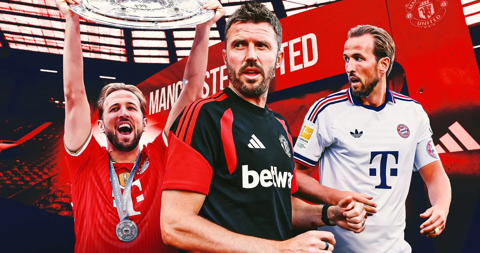 Three football players with team jerseys and trophies