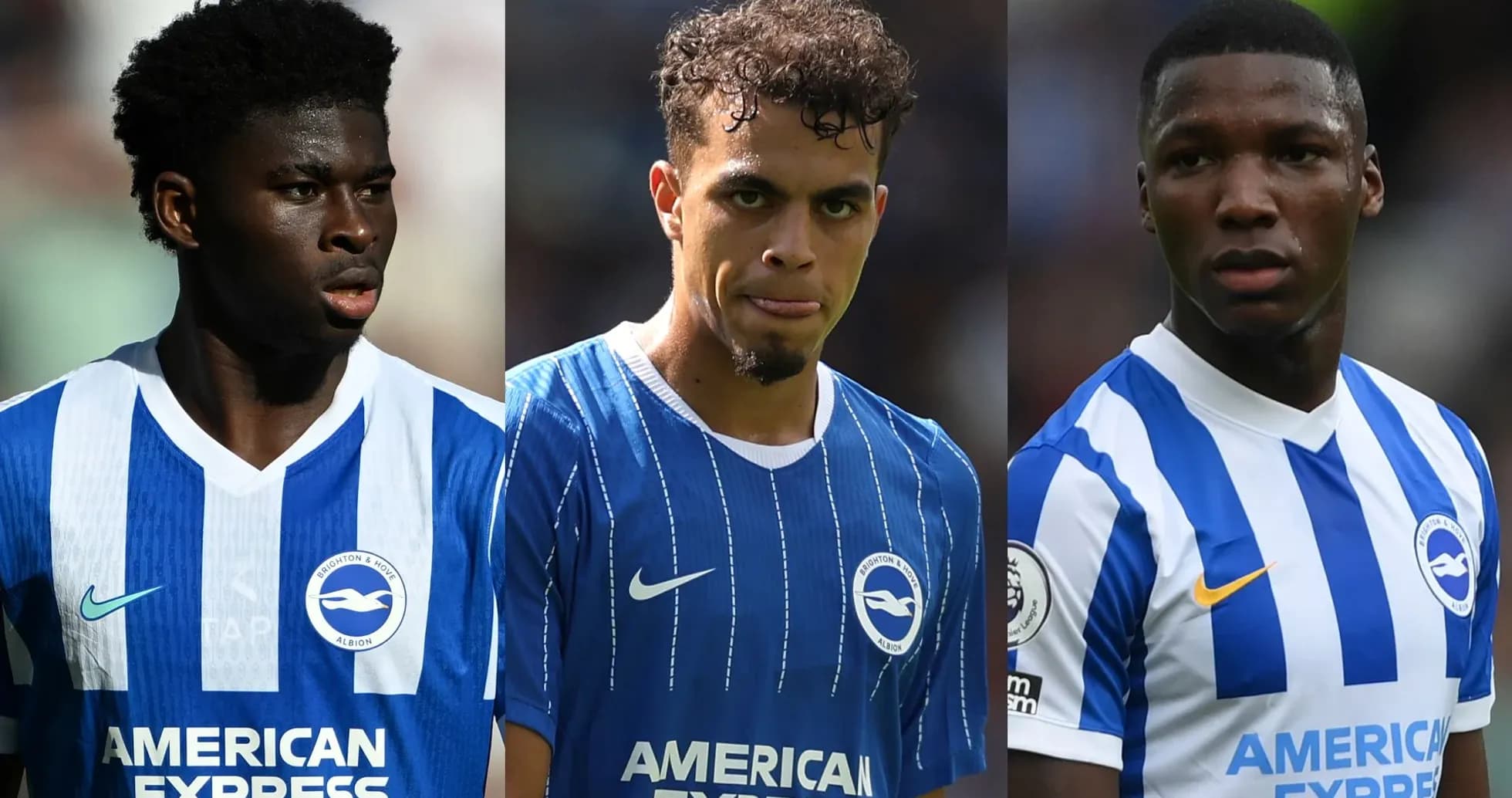 Three Brighton players in home jerseys on field