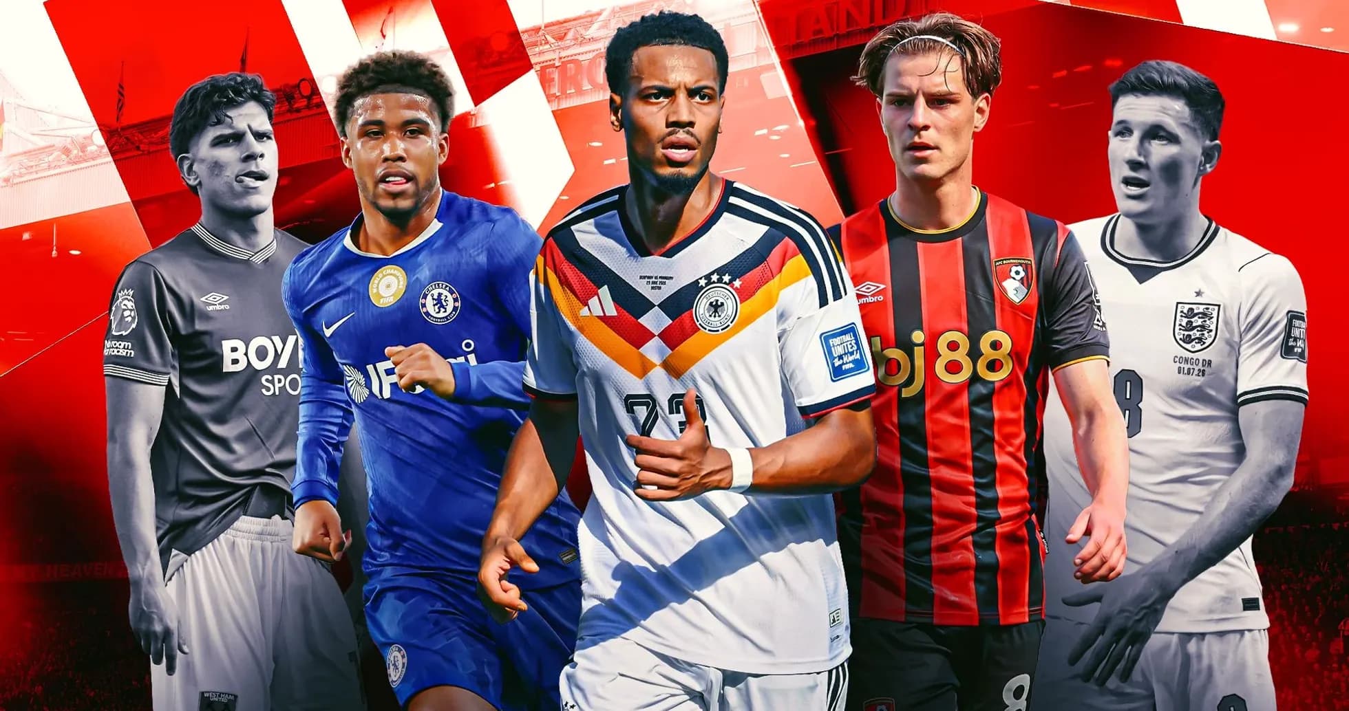 Five football players in club jerseys on colorful background