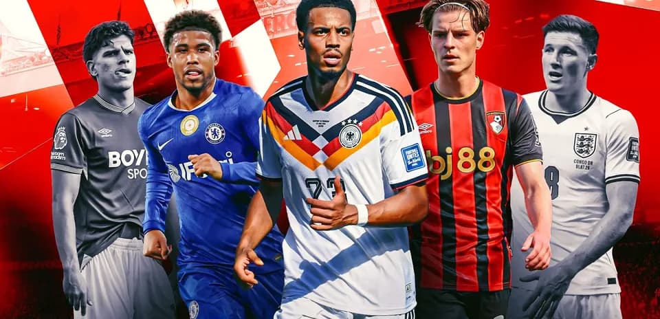 Five football players in club jerseys on colorful background