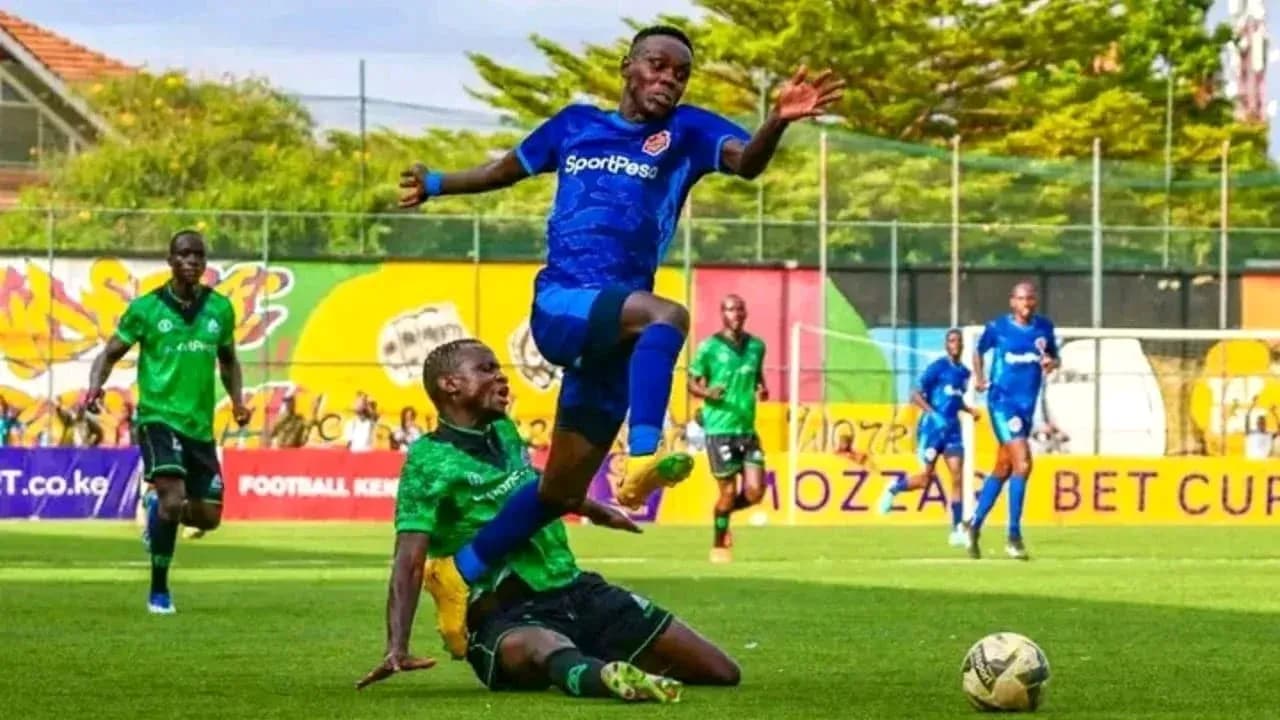 Player jumping over opponent during FKF Premier League match