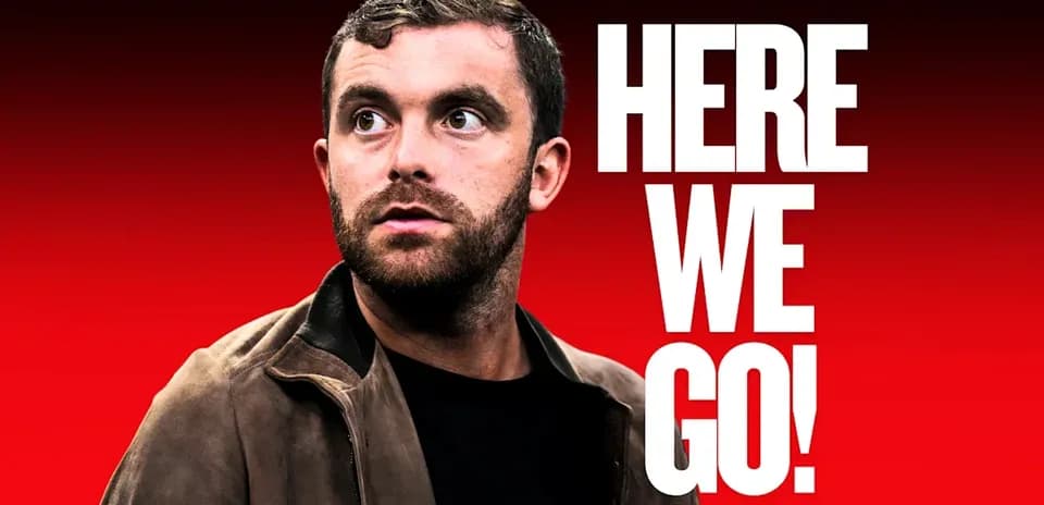 Person looking off camera with bold text background