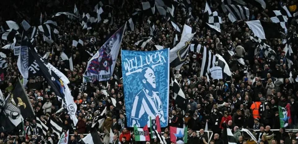 Fans waving flags and banners in stadium crowd